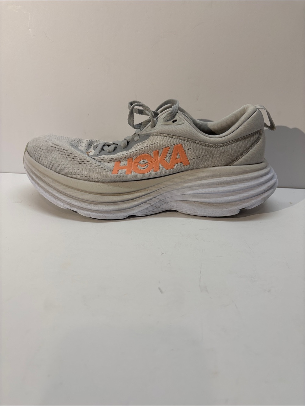 Hoka Bondi 8 Neutral Gray and Coral Logo Running Shoe Womens size 8.5 B.